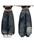 Dermearne Gothic  Y2K Baggy Jeans for Women Hip Hop Streetwear Blue Jeans Women Graphic Retro Jeans 90s Pants Harajuku High Waist Trouser
