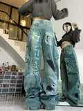 Harajuku Style Graffiti Print Cargo Pants 2024 Summer New Trendy Women's Jeans High Street Personality Jeans for Women