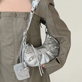 Women's bag 2024 new motorcycle bag armpit bag premium silver stud tassel three-in-one pleated bag one-shoulder cross-body bag