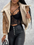 Women Faux Fur Leather Jacket Faux Fur Open Front Casual Furry Collar Short Parka Coat Warm Cardigan with Belt