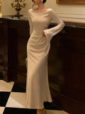 Dermearne New Autumn Elegant Solid Midi Dress Women Flare Sleeve Slim Mermaid Spring New French Vintage Wedding Party Vestidos Robe Mujers