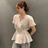 Korean Chic Summer Retro Easy Matching Cross V-neck Lace-up Waist-Controlled Slimming Puff Sleeve Ruffled Shirt Top