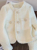 Women Korean White Tweed Jackets Fashion O Neck Elegant Buttons Coat Casual Loose Long Sleeve Female High Quality Outwear