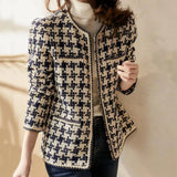 Vintage Early Autumn Tweed Women Jacket ins Style Elegant Gentlewomen Black White Tweed Lady Winter Cardigan Outwear Outwear