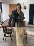 Women Casual Grey Single Button Woolen Cardigan Coat Long Sleeve V Neck Loose Jacket Autumn Winter Female High Street Outerwear