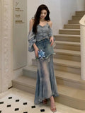 Summer New Retro Denim 2024 Patchwork Mesh Semi Transparent Fishtail Design High Waisted Ruffled Skirt for Slimming Effect