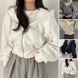 Dermearne Women Short Hoodies Autumn Retro Solid Color Zip Up Sweatshirt Tracksuit Harajuku Korean Long Sleeve Hooded Jacket Coat Crop Top