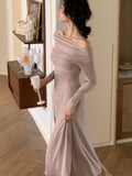 Elegant Off Shoulder Knit Midi Dresses Women Autumn Long Sleeve Pleated Dress Slim Evening Party Female Clothing