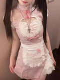 2024 Summer Vintage Kawaii Sweet Dress Women Lace Bow Lolita Mini Dress Female Pink Apron Chic Print Mini Patchwork Slim Dress