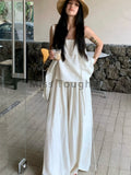 Korean Fashion Solid Sling 2 Piece Set Women Elegant Casual Loose Thin Sleeveless Tops Female + High Waist  Wide Leg Pants 2024
