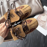 Dermearne Autumn Brown Leopard Print Women's Vulcanized Shoes Flat Lace-up Sport Shoes Outdoor Non-slip Casual Comfortable Women Sneakers
