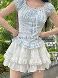 Dermearne Summer Y2k Elegant Sweet 2 Piece Set Women Blue Casual Lace-up Blouse +White Cake Chic Skirt Female Korea Fashion Suit Chic