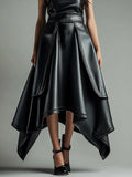DERMEARNE 2025 New Women's PU Leather Skirt Fashion Office Ladies Layered Irregular Hem High Waist Slim Maxi Length Women's Skirts Female