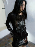 Gothic Vintage Punk Hoodie Women American Retro Grunge Y2k Graphic Striped Patchwork Zipper Tees Tops Spring 2024 Chic