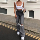 Fashion Skinny Bell Bottom High Waist Gray Hole Denim Pants Lady Classic Y2K Punk Long Trousers Women Flare Stretch Ripped Jeans