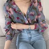 Flower Print Summer Sunscreen Shirt Casual Long Sleeve Lapel Button-up Thin Perspective Chiffon Blouse Vintage Womens Shirt 여름셔츠