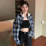Check Shirt Women's Long Sleeve Vintage Casual Lapel Turn-down  Collar Plaid Classic Single Breasted Tops