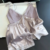 Suspender Pajamas Set Sleepwear Sexy Lace Bow Cami Shorts Pijamas Suit Lingerie Summer New Female Silky Satin Homewear