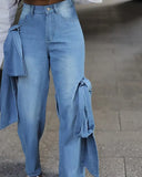 Spliced Bowknot Casual Jeans For Women High Waist Patchwork Pockets Streetwear Denim Straight Pants Female Fashion Clothing