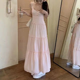 Pink Cute Fairycore Midi Dresse Sweet Ruffle Casual Elegant Chic Beach Long Spaghetti Strap Button Holiday Gentle Dress