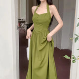 Women's elegant dress 2024 Spring Festival new Europe and the United States tied avocado color neck A pendulum long skirt