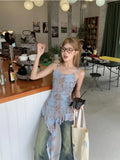 Y2k Tie-dye Asymmetrical Tank Tops Women Harajuku Gyaru Streetwear Vintage Aesthetic Japanese Style 2000s Ruffle Tops