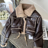 Dermearne Black Lambswool Jacket Winter Thickened Plus Velvet Motorcycle Faux Leather Stitching Coat PU Plush Cardigan Stand Collar Tops