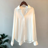 Silk Satin Office Ladies Elegant Shirts And Blouses Korean Button Up Satin Shirts For Women Vintage Long Sleeve White Shirts Top