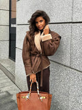 Women Retro Fur Collar With Belt Short Leather Jacket Chic Long Sleeve Zipper Warm Splicing Coat 2024 Fall Lady High Streetwear