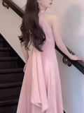Elegant Dress for Women Fashion Party Vintage Dresses Solid Slim Folds Sleeveless Neck Mounted Midi 2024 New Spring Summer Dress