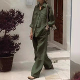 Fashion Loose Cotton Linen Trousers Green Sets Women's 2024 Spring Autumn Lapel Shirt Solid Pocket Wide Leg Pants Two Piece Sets