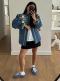 Women Warm Print Blue Pocket Cotton Coat Fashion Chic Round Neck Long Sleeve Jacket 2024 New Casual Female High Street Outerwear