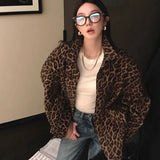 Leopard Vintage Shirts Gyaru Oversized Streetwear Stylish Women's Blouse American Retro Long Sleeve Outerwears Autumn