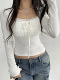 y2k Tops for Women Coquette Clothes Solid Color Lace Trim Long Sleeve T Shirts 2000s Streetwear