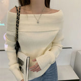 Dermearne Sexy White Flat-neck Sweater Base with Feminine Collarbone Off-the-shoulder Sweater for Slimming Out Wear