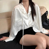 Jinqian satin imitation acetic acid streamer embroidered shirt loose and thin lazy long-sleeved top