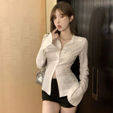 Dermearne Women Sexy Slim White Chiffon Shirt Korean Turn-down Collar Flare Sleeve Tunic Bandage Blouse Single-breasted Office Lady Tops