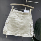 Sexy Women's Denim Skirts Three Dimensional Strap Pocket Wash High Tooling A-line Jean Skirt Women Vintage Casual Vintage Skirt