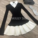 2024 New Fashion Women's Fake Two Piece Shirt Spliced Knitted Dress Sweet Spicy Girl Contrast Color Slim Fit Waist Mini Dress