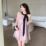 Summer Fashion Women's Halter Neck Dress Vintage Sleeveless Tie Front Loose Woman Midi Dress Elegant Party Dress