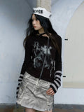 Gothic Vintage Punk Hoodie Women American Retro Grunge Y2k Graphic Striped Patchwork Zipper Tees Tops Spring 2024 Chic