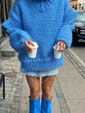 Solid Knit Turtlrneck Double Lantern Sleeve Women Pullover Thick Warm Oversized Loose Top Sweater  Fall Winter Chic Knitwear