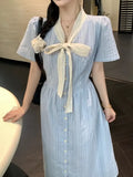 Large French Striped Fat Mm Dress with Elegant Design Summer Bow Skirt Looks Slim and Cinched Waist Blue Tie