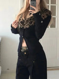 2024 Autumn Vintage Leopard Patchwork Tops Women Japanese Gyaru V-neck Long Sleeve Sweater Streetwear Slim Sexy Y2k Cardigan New