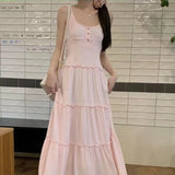 Pink Cute Fairycore Midi Dresse Sweet Ruffle Casual Elegant Chic Beach Long Spaghetti Strap Button Holiday Gentle Dress