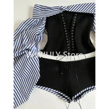 2000s Sweet Hot Girl Sexy Suit Women Autumn Striped Bubble Sleeve Off Shoulder Top Low Waist Shorts Two Piece Set Female Clothes