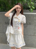 Summer Japanese Kawaii 2 Piece Set Women Embroidery Vintage Sweet Mini Skirt Suit Female Short Sleeves Top+High Waisted Skirt