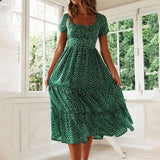 Sexy Square Collar Short Puff Sleeve Chiffon Floral Print Boho Party Dress Summer Women Beachwear Sand Vestidos CKFZ-3474