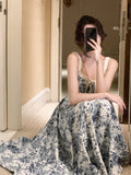 French Floral Strap Midi Dress Woman Elegant Sleeveless Even Party Dress Office Lady 2023 Summer Beach Casual Korean Style Dress