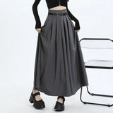 Gidyq High Waist Women Pleated Skirts Korean Casual Belt Ankle Length Skirt Spring Fashion All Match Female A Line Skirts New